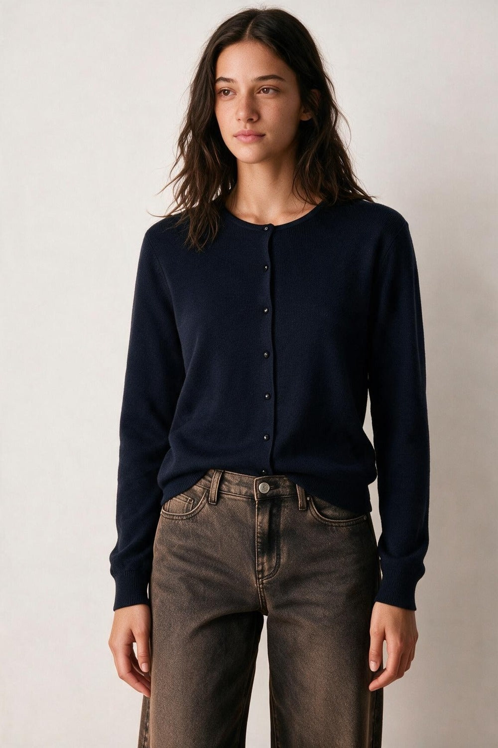 Navy soft Knit Crew Neck Button Front Cardigan - Cardigans