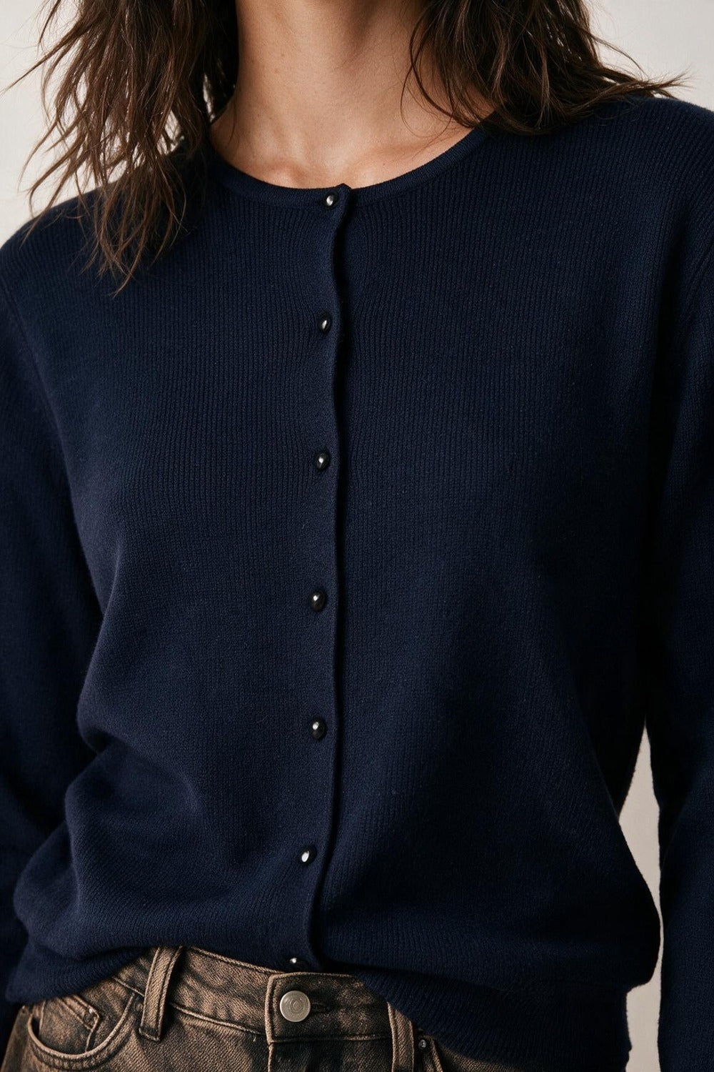 Navy soft Knit Crew Neck Button Front Cardigan - Cardigans