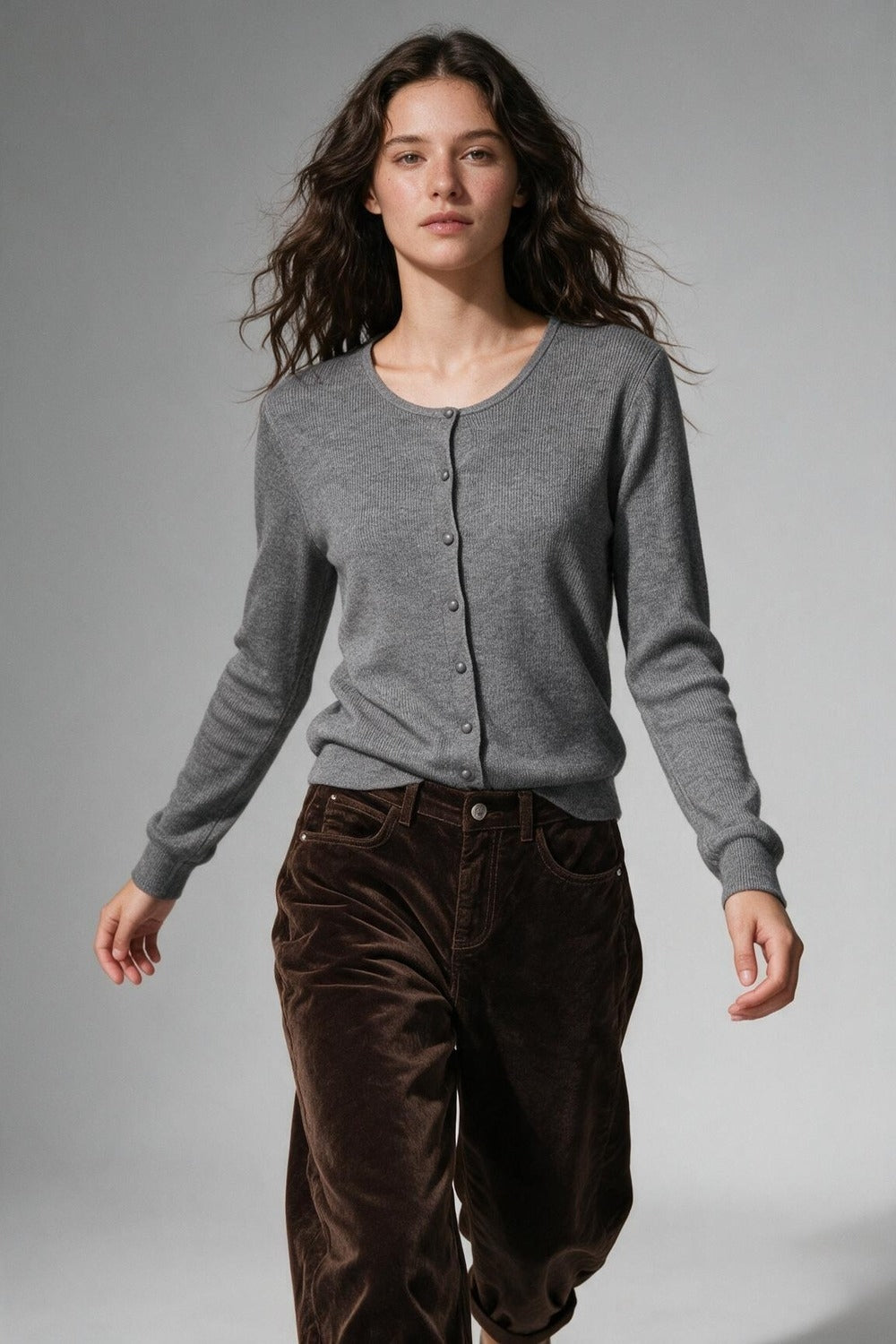 Grey Ribbed Knit Button Front Crew Neck Cardigan - Cardigans