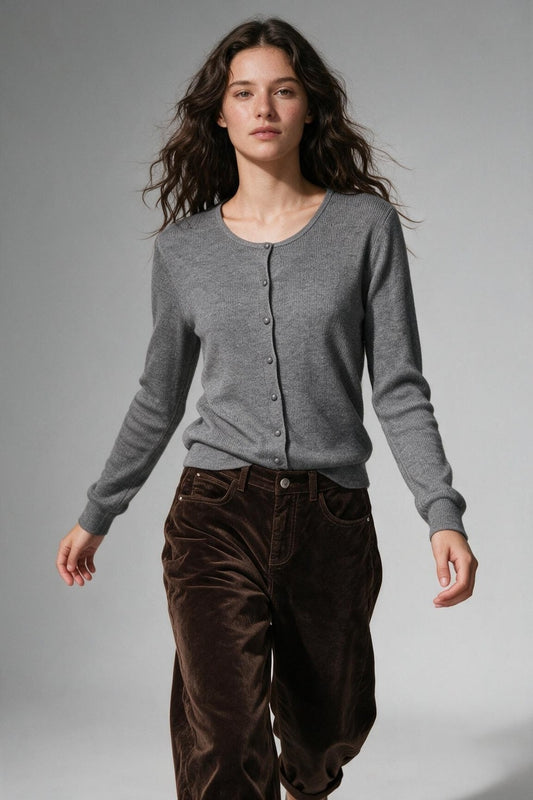 Grey Ribbed Knit Button Front Crew Neck Cardigan - Cardigans