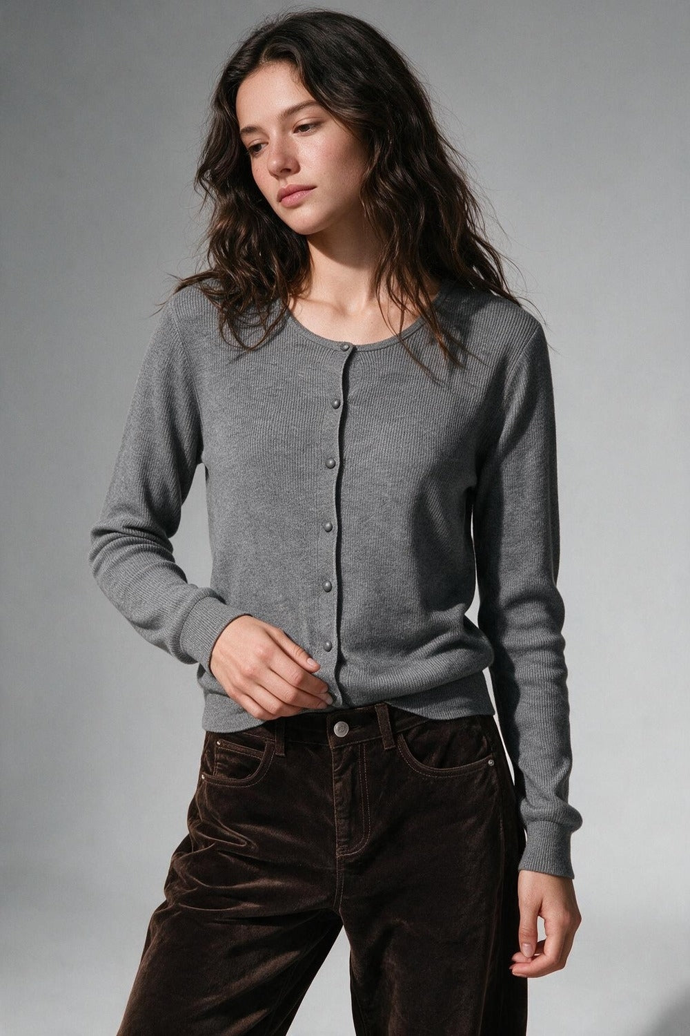 Grey Ribbed Knit Button Front Crew Neck Cardigan - Cardigans