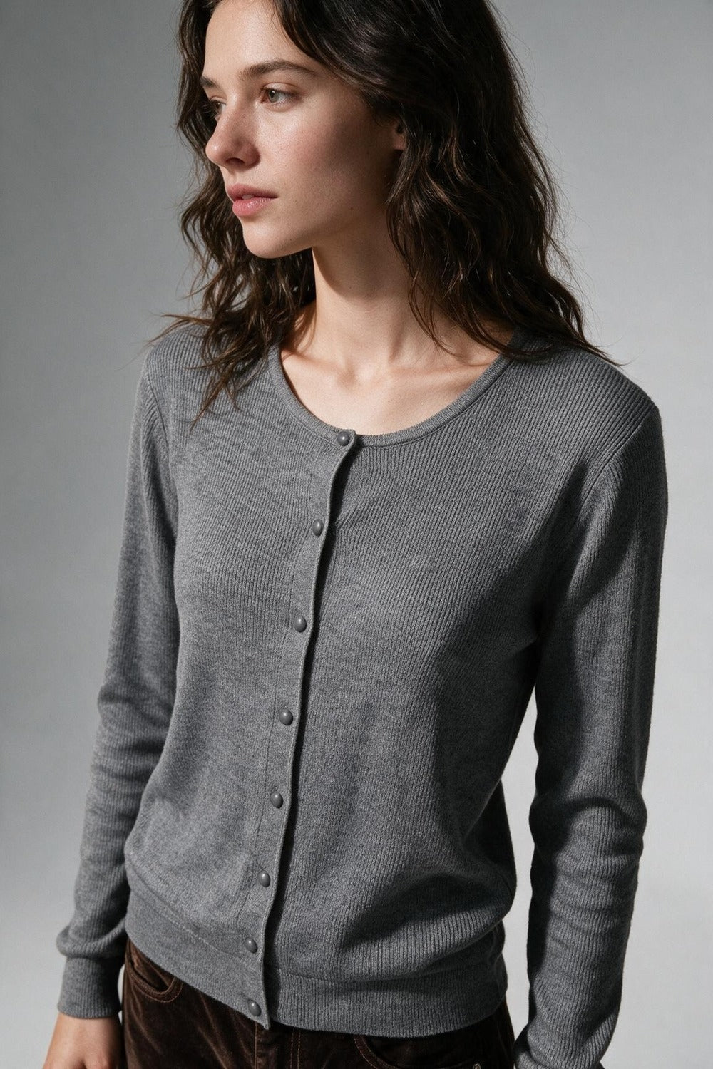 Grey Ribbed Knit Button Front Crew Neck Cardigan - Cardigans