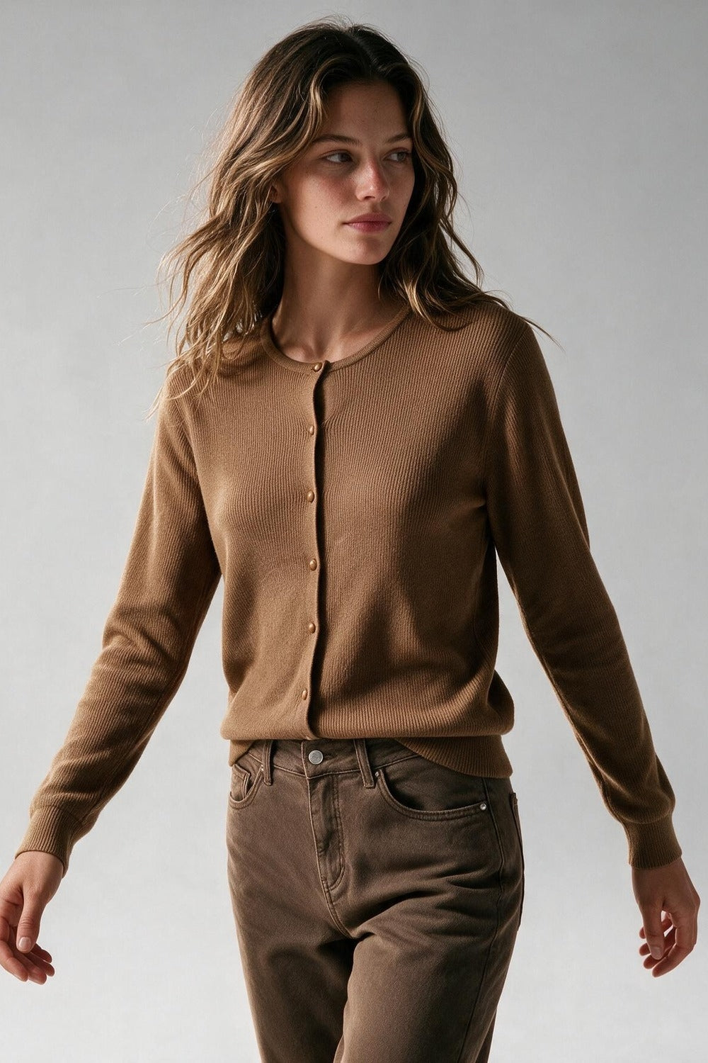 Camel Ribbed Knit Button Front Crew Neck Cardigan