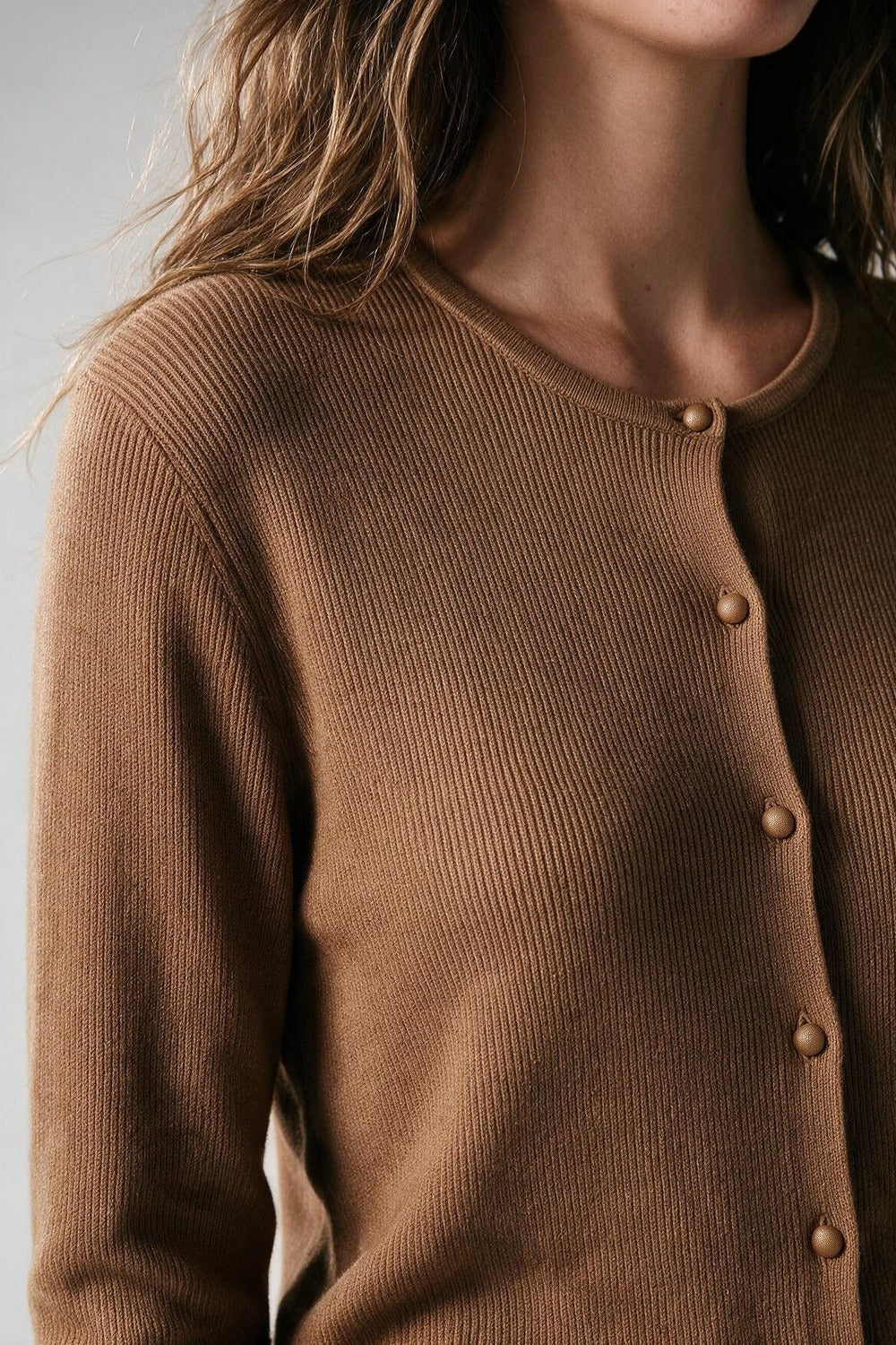 Camel Ribbed Knit Button Front Crew Neck Cardigan - Cardigans