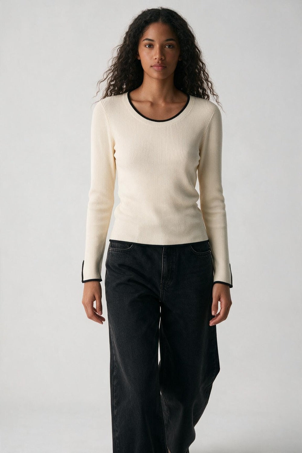 Cream Ribbed Knit Black Contrast Trim sweater in wide neck - Jumpers