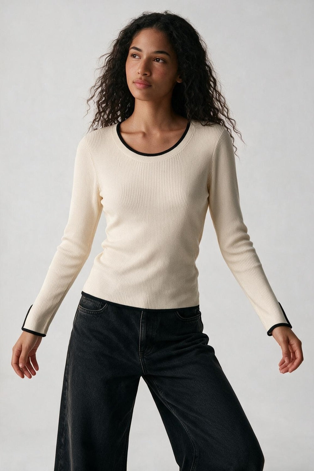 Cream Ribbed Knit Black Contrast Trim sweater in wide neck - Jumpers