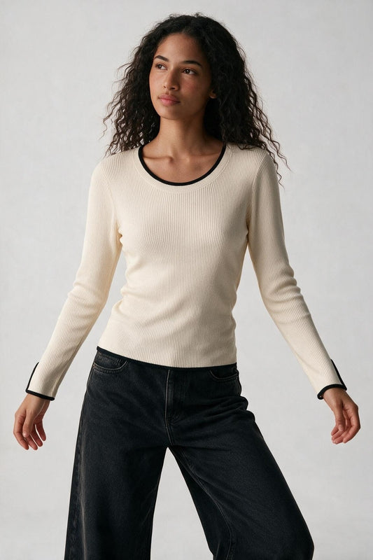 Cream Ribbed Knit Black Contrast Trim sweater in wide neck - Jumpers