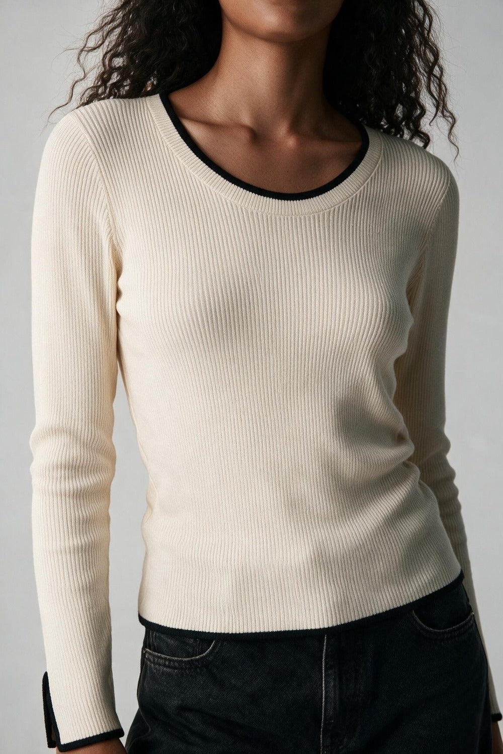 Cream Ribbed Knit Black Contrast Trim sweater in wide neck - Jumpers