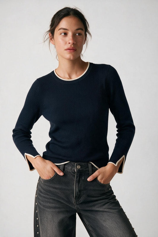 navy Ribbed Knit white Contrast Trim sweater in wide neck - Jumpers