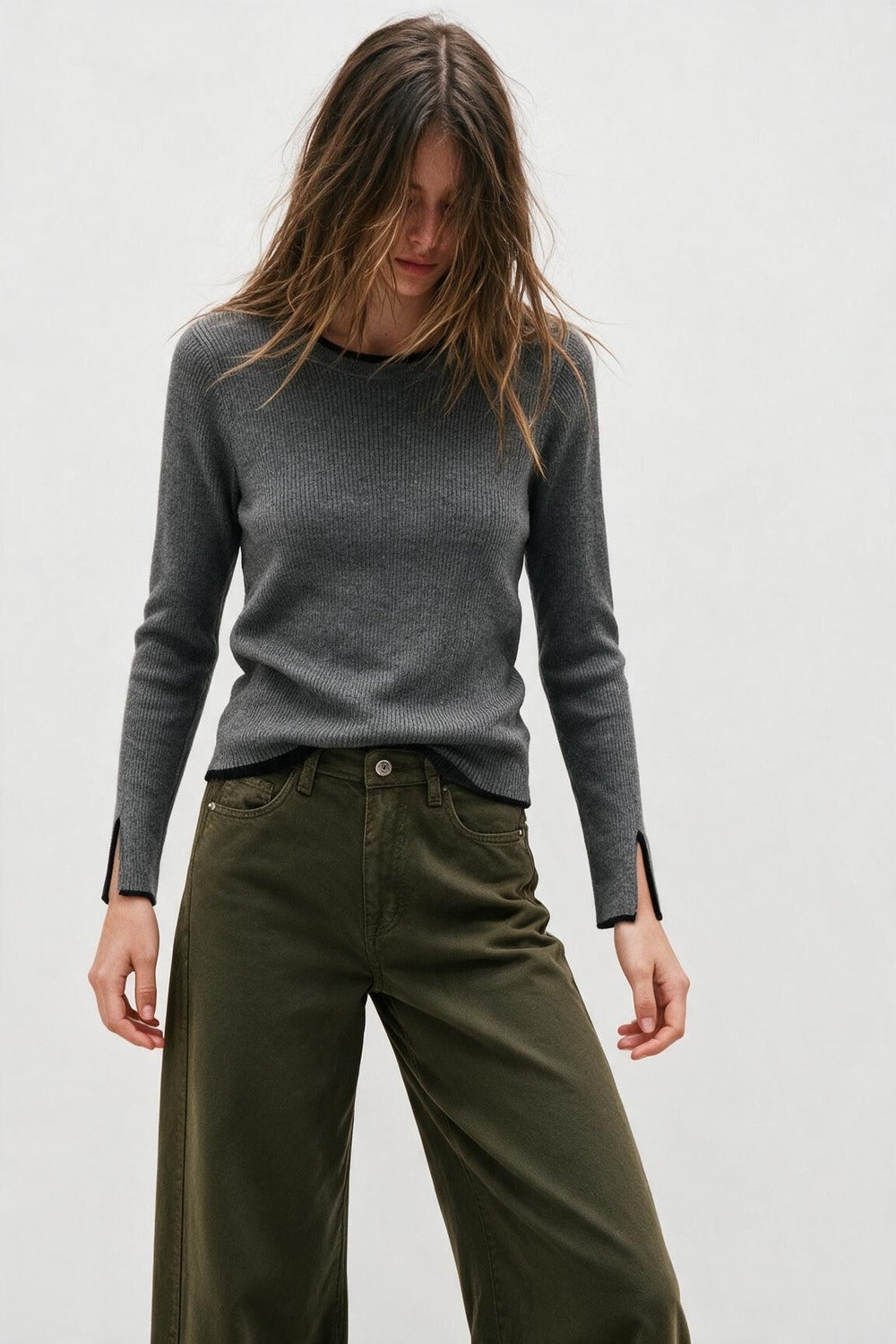 Grey Ribbed Knit Black Contrast Trim sweater in wide neck - Jumpers