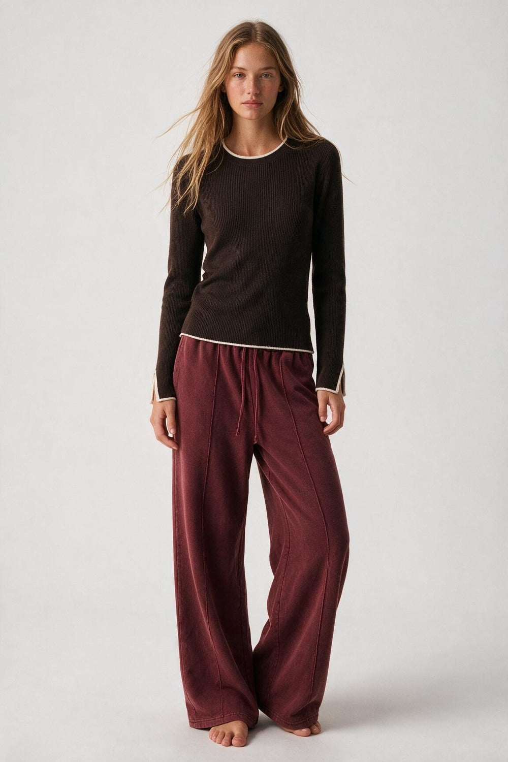 Brown Ribbed Knit white Contrast Trim sweater in wide neck - Jumpers