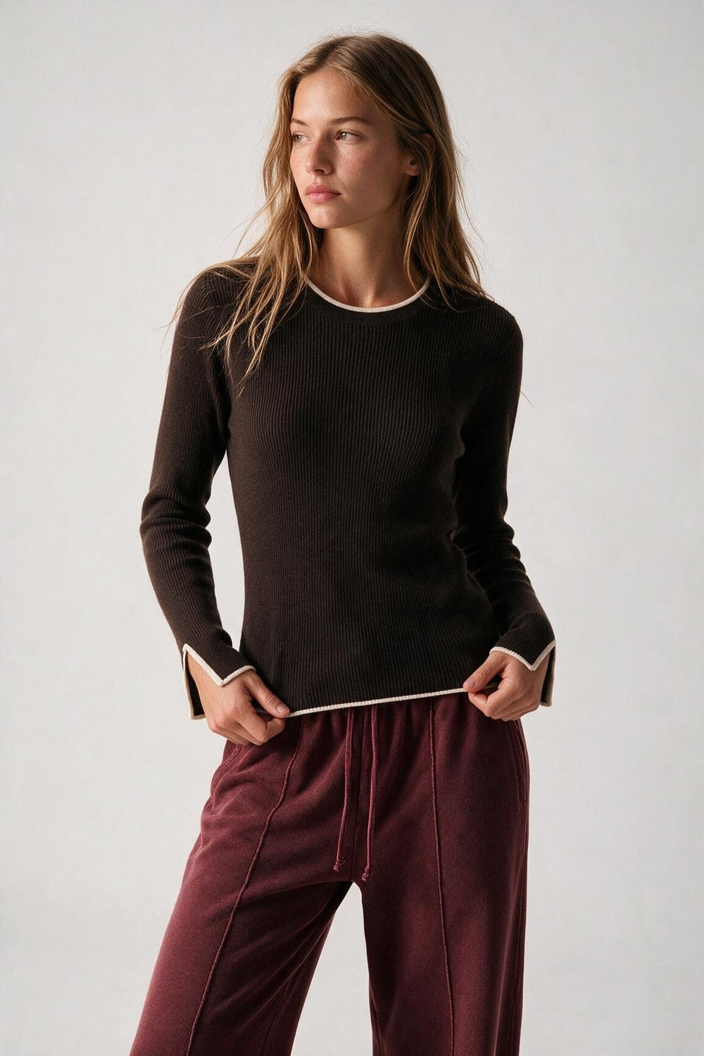 Brown Ribbed Knit white Contrast Trim sweater in wide neck