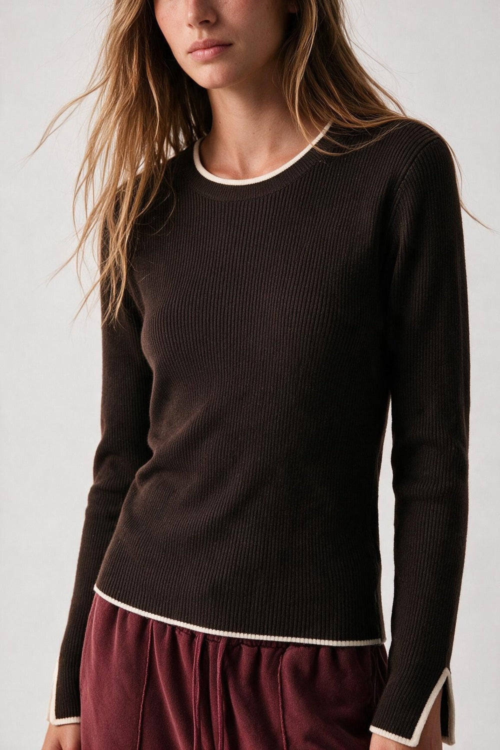 Brown Ribbed Knit white Contrast Trim sweater in wide neck - Jumpers