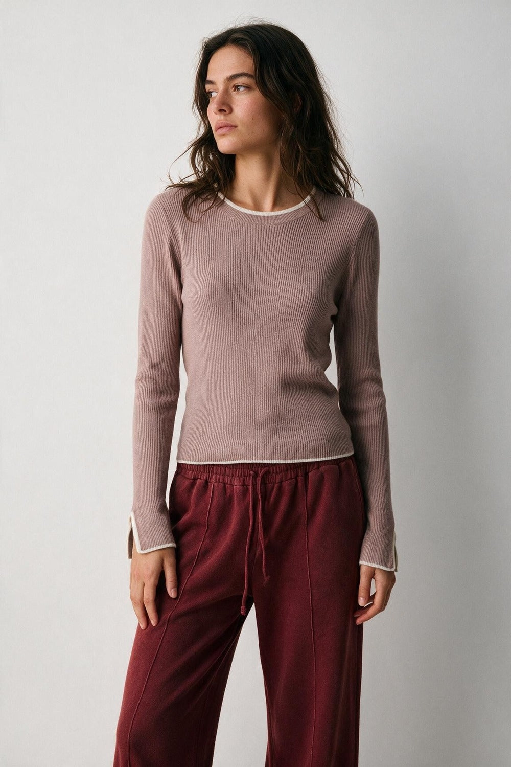 pink Ribbed Knit white Contrast Trim sweater in wide neck - Jumpers