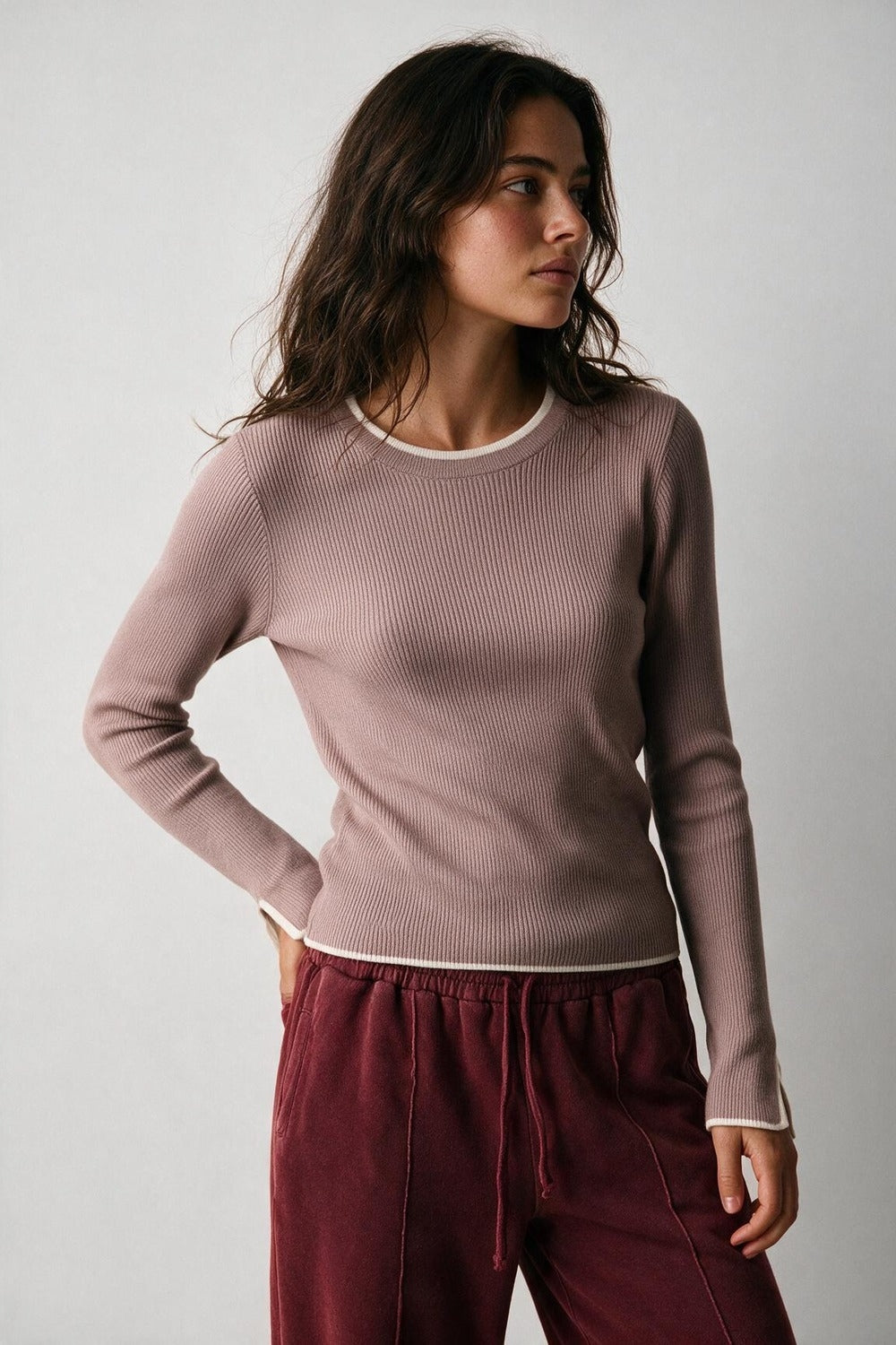 pink Ribbed Knit white Contrast Trim sweater in wide neck - Jumpers