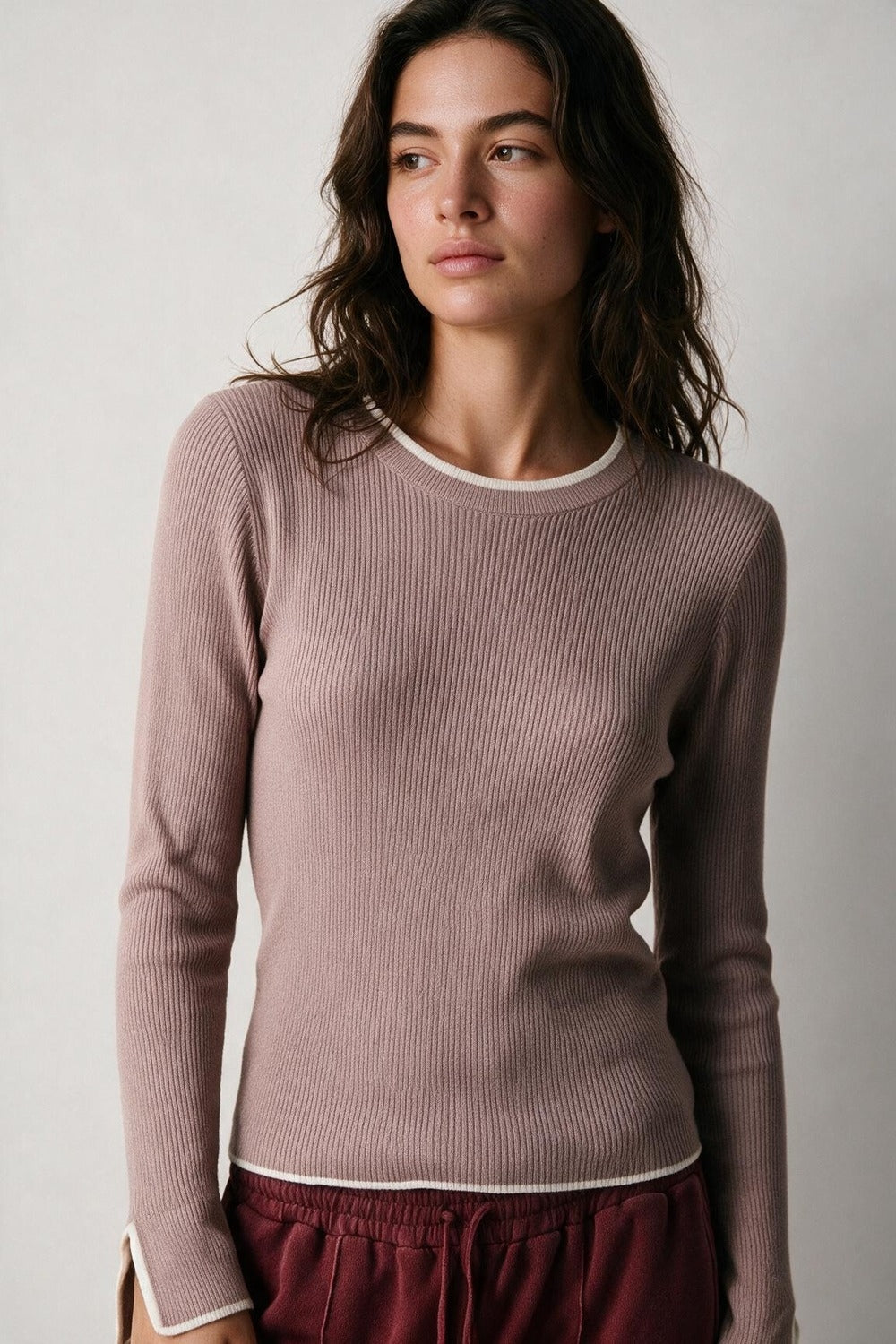 pink Ribbed Knit white Contrast Trim sweater in wide neck - Jumpers
