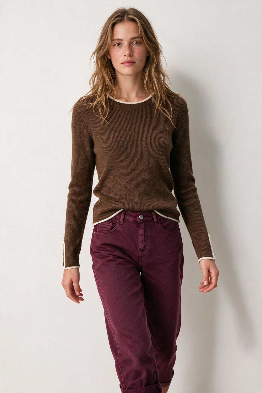 Camel Ribbed Knit Contrast Trim Long Sleeve Sweater - Jumpers