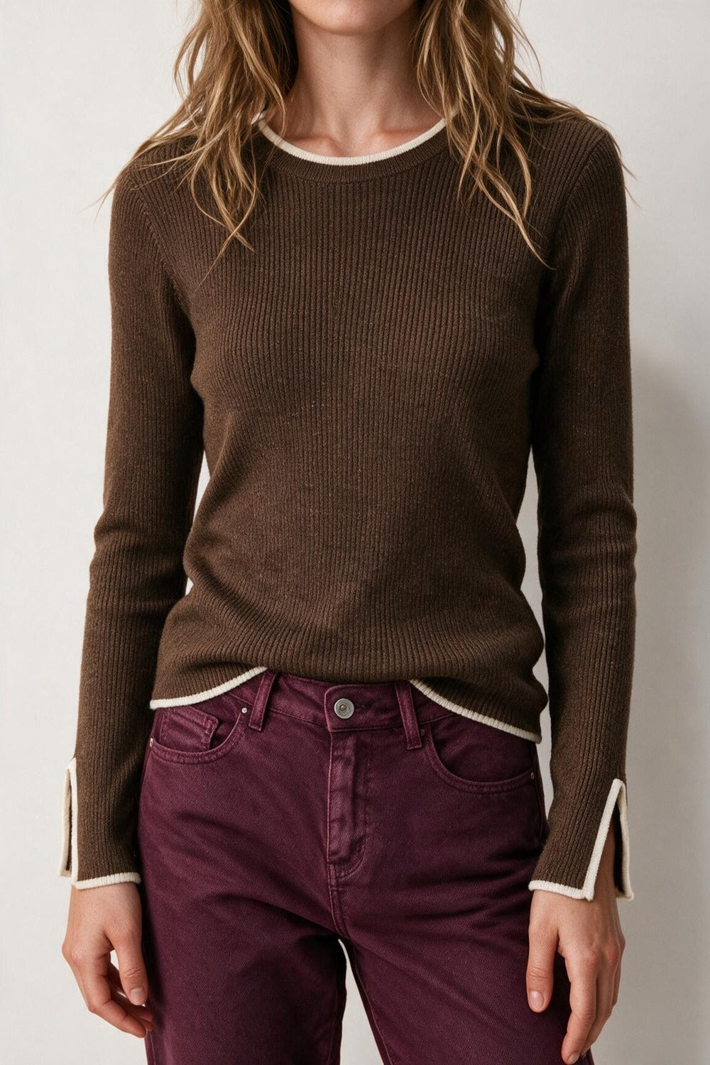 Camel Ribbed Knit Contrast Trim Long Sleeve Sweater - Jumpers