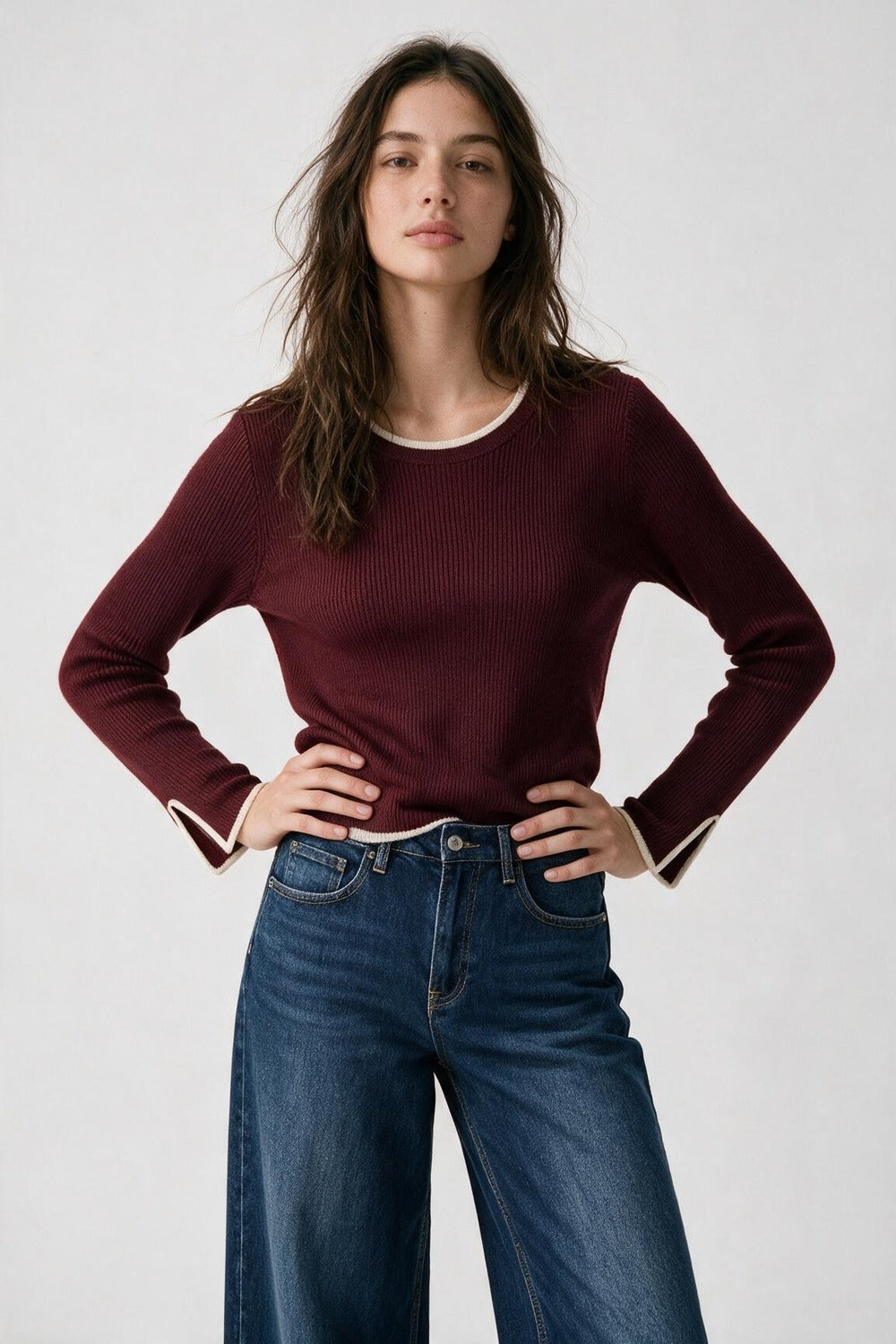 Burgundy Ribbed Knit white Contrast Trim sweater in wide neck - Jumpers