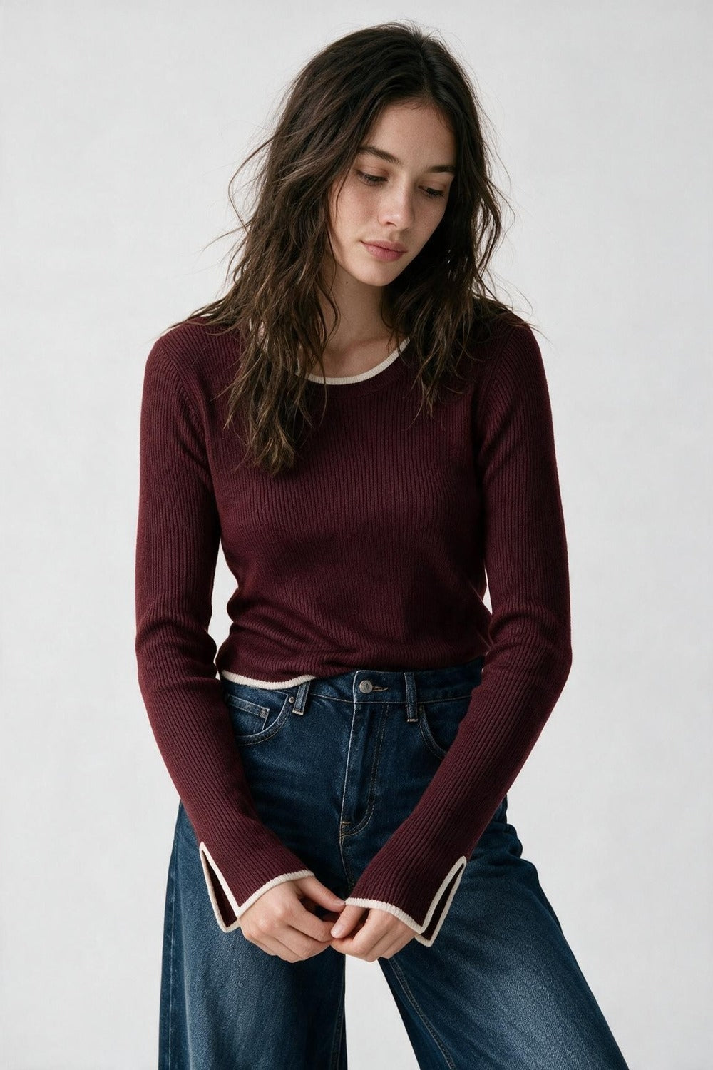 Burgundy Ribbed Knit white Contrast Trim sweater in wide neck - Jumpers