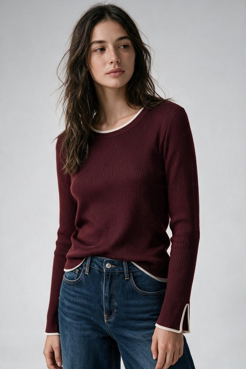 Burgundy Ribbed Knit white Contrast Trim sweater in wide neck - Jumpers