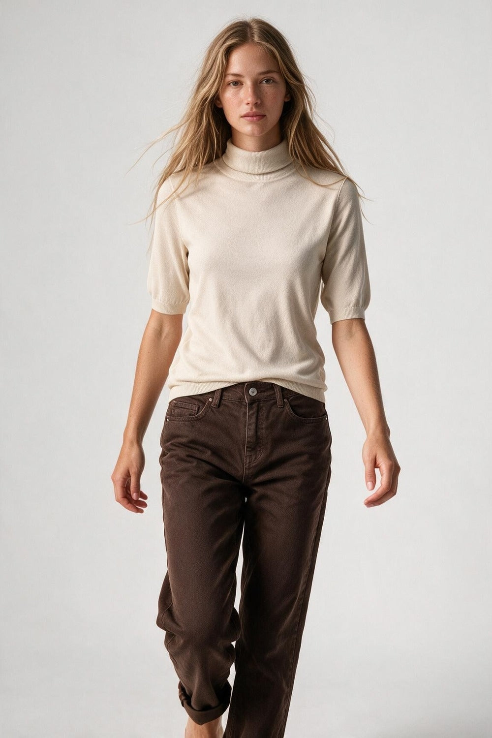 Cream Short Sleeve Turtleneck Knit Sweater - Jumpers