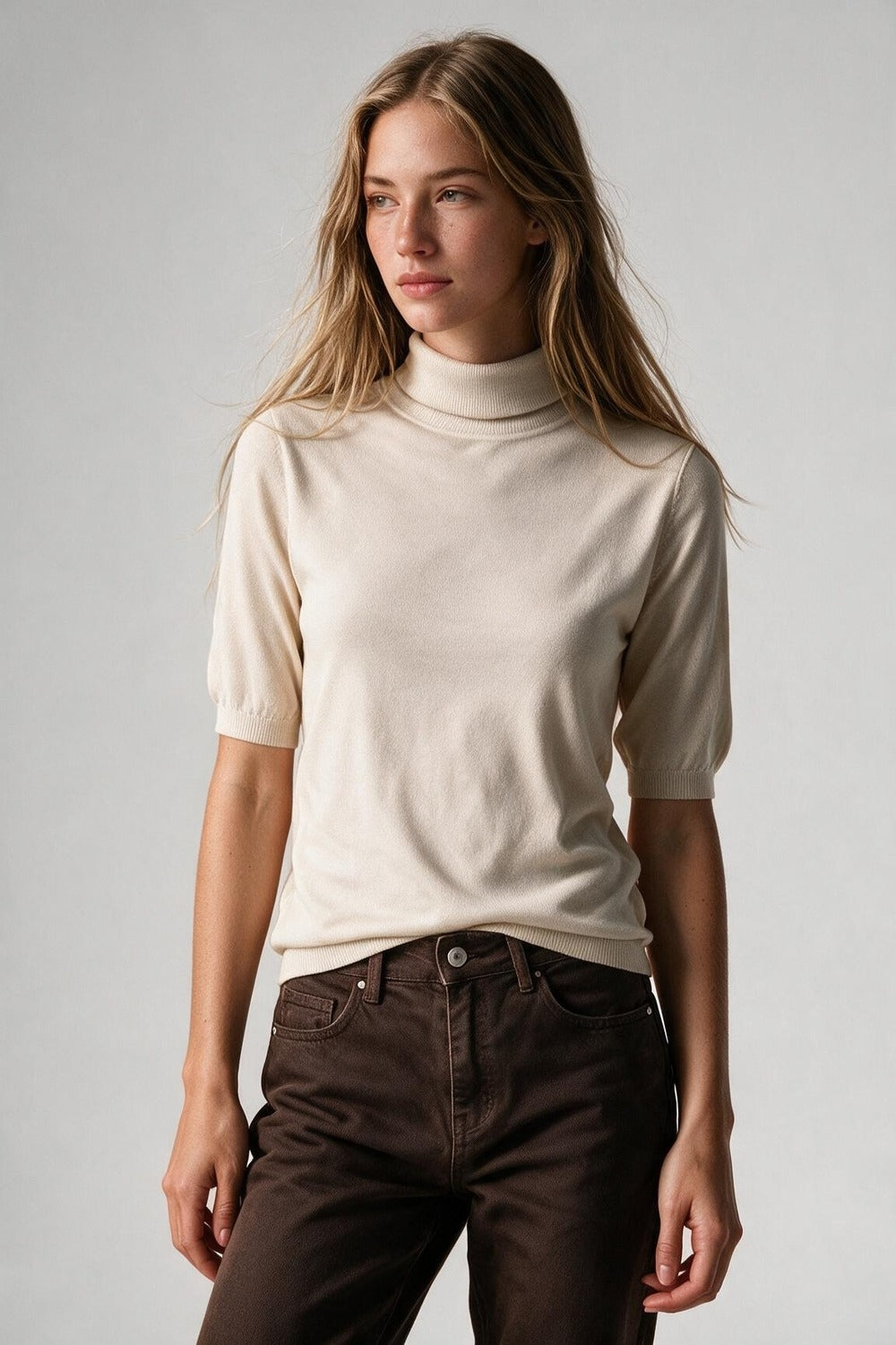 Cream Short Sleeve Turtleneck Knit Sweater - Jumpers