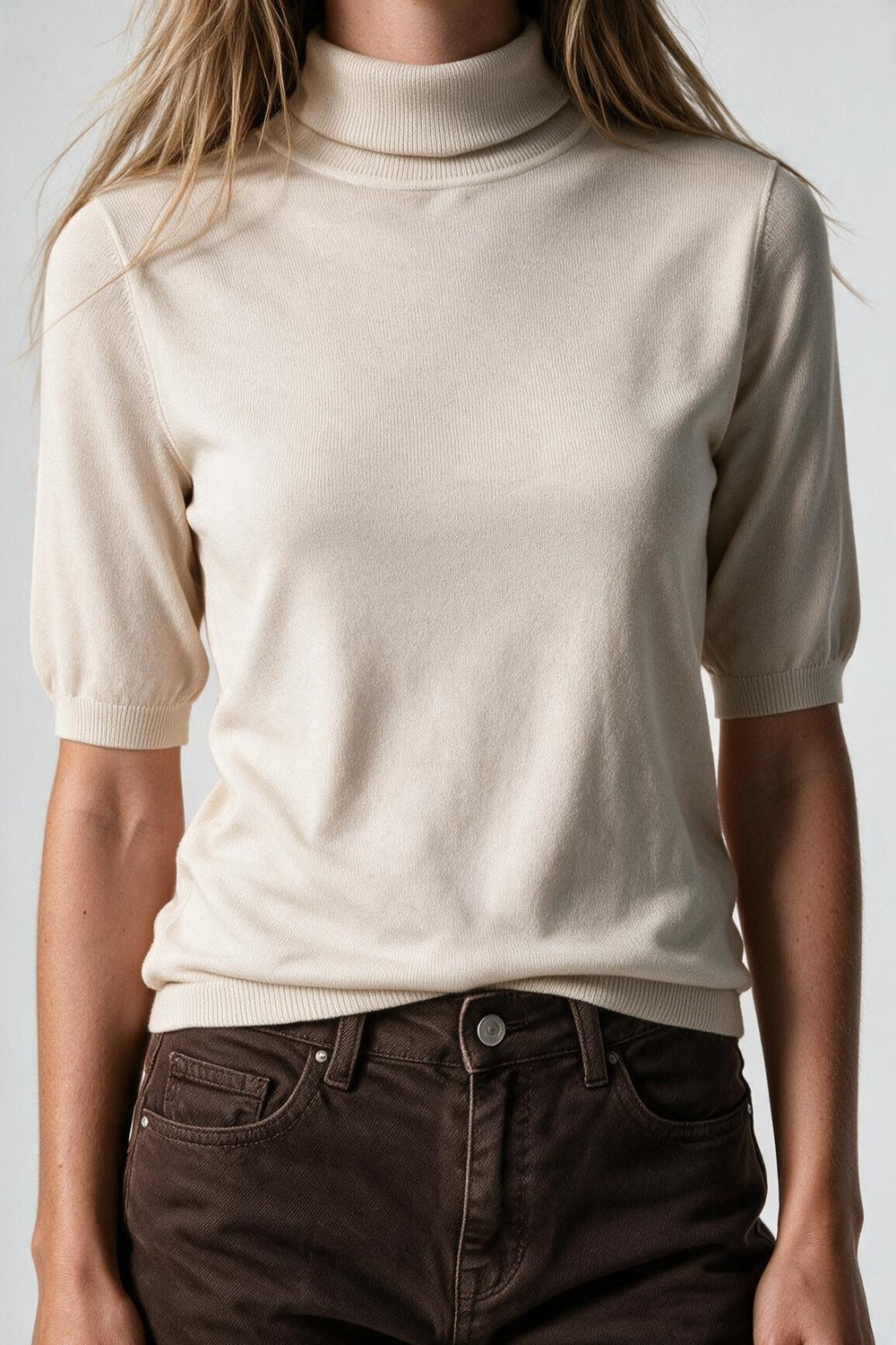 Cream Short Sleeve Turtleneck Knit Sweater - Jumpers