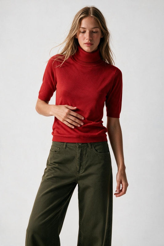 Red Fine Knit Turtleneck Elbow Sleeve Regular Fit Sweater - Jumpers