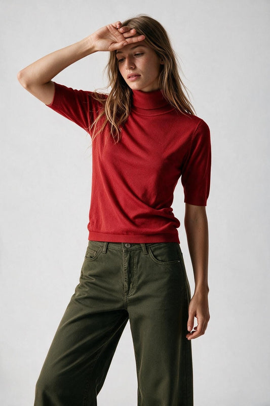 Red Fine Knit Turtleneck Elbow Sleeve Regular Fit Sweater - Jumpers