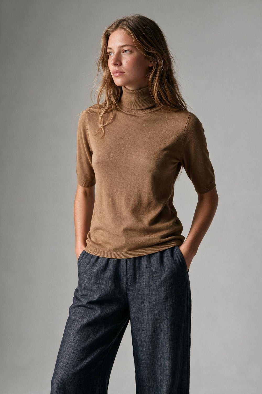 Camel Ribbed Knit Short Sleeve Turtleneck Sweater - Jumpers