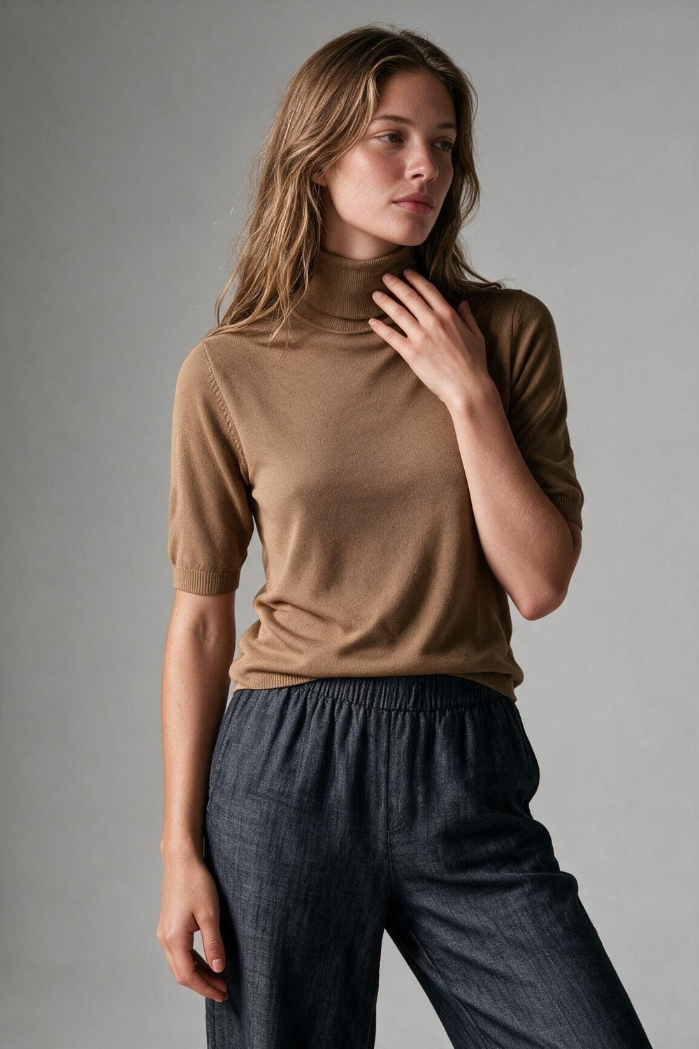 Camel Ribbed Knit Short Sleeve Turtleneck Sweater - Jumpers