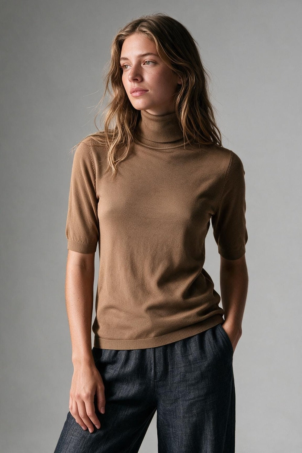 Camel Ribbed Knit Short Sleeve Turtleneck Sweater - Jumpers