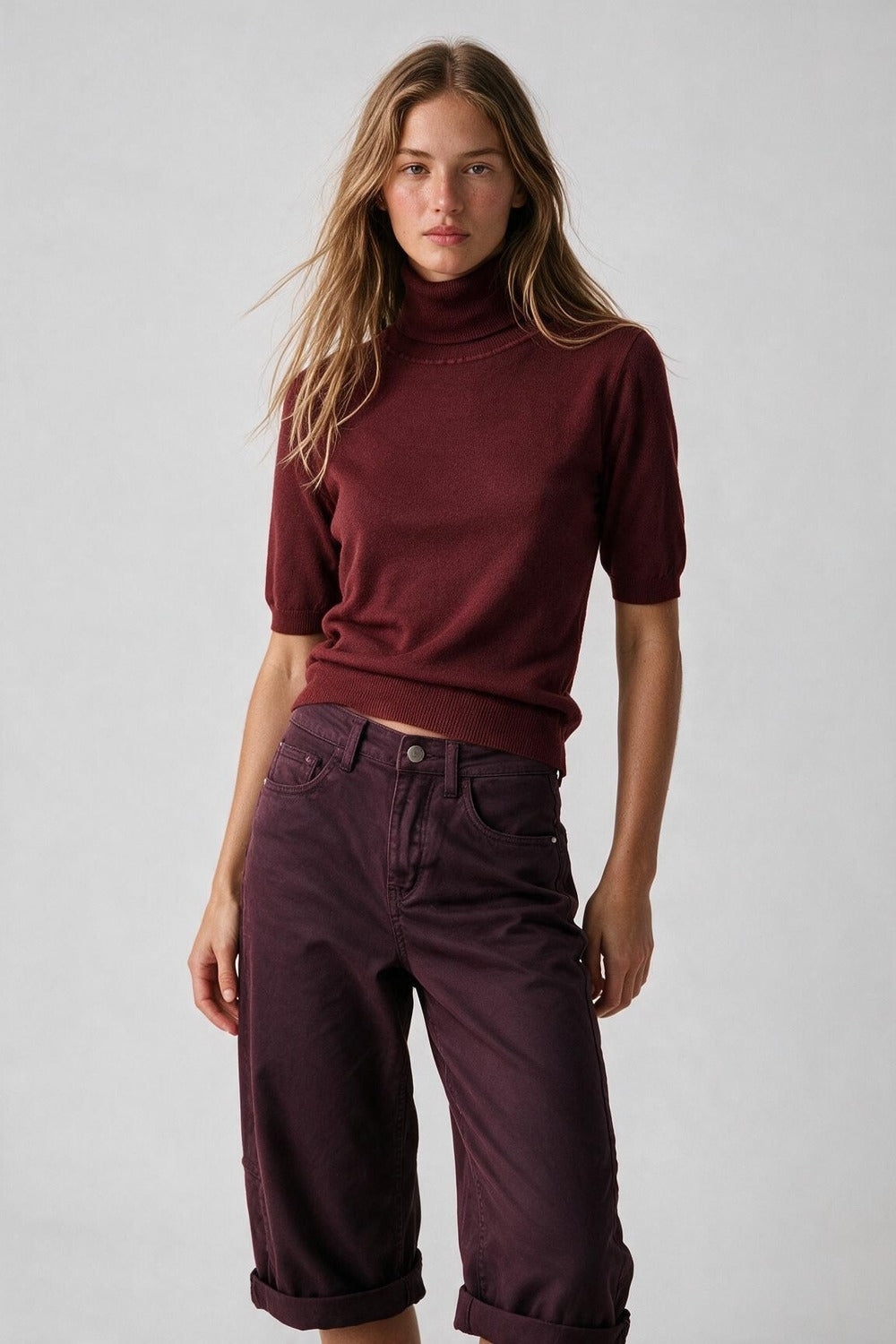 Burgundy Fine Knit Turtleneck Short Sleeve Sweater - Jumpers
