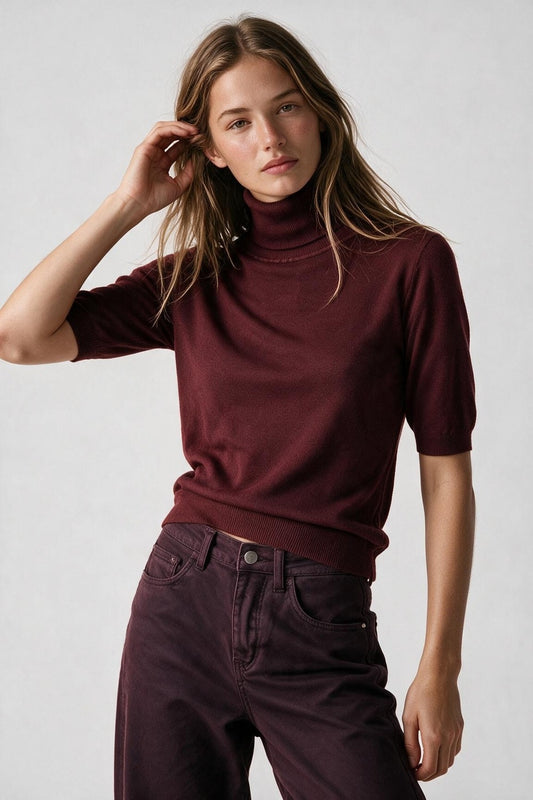 Burgundy Fine Knit Turtleneck Short Sleeve Sweater - Jumpers