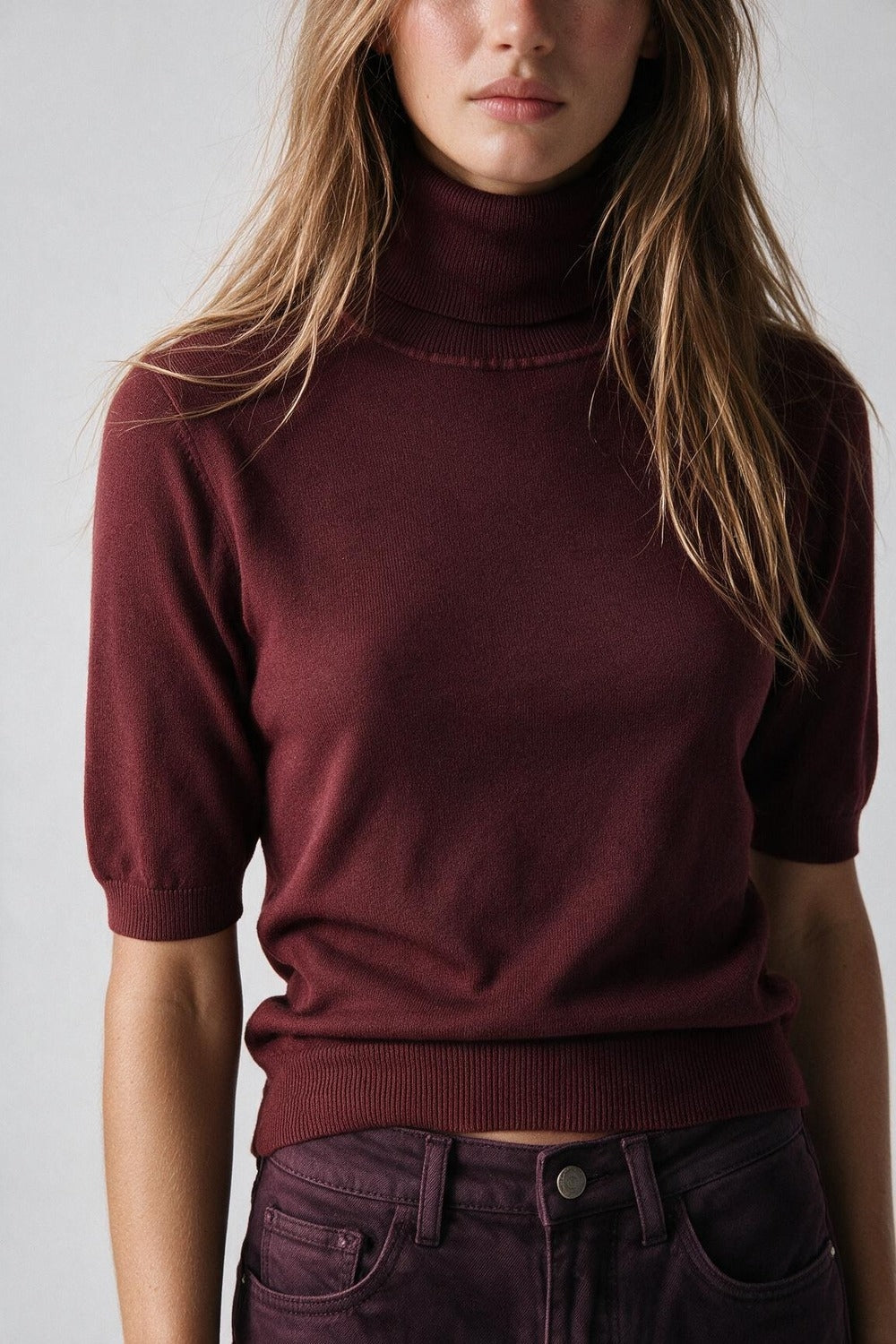 Burgundy Fine Knit Turtleneck Short Sleeve Sweater - Jumpers
