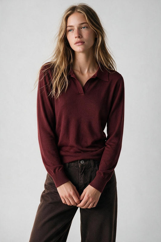 Burgundy Fine Knit Polo Collar Long Sleeve Regular Fit Sweater - Polos