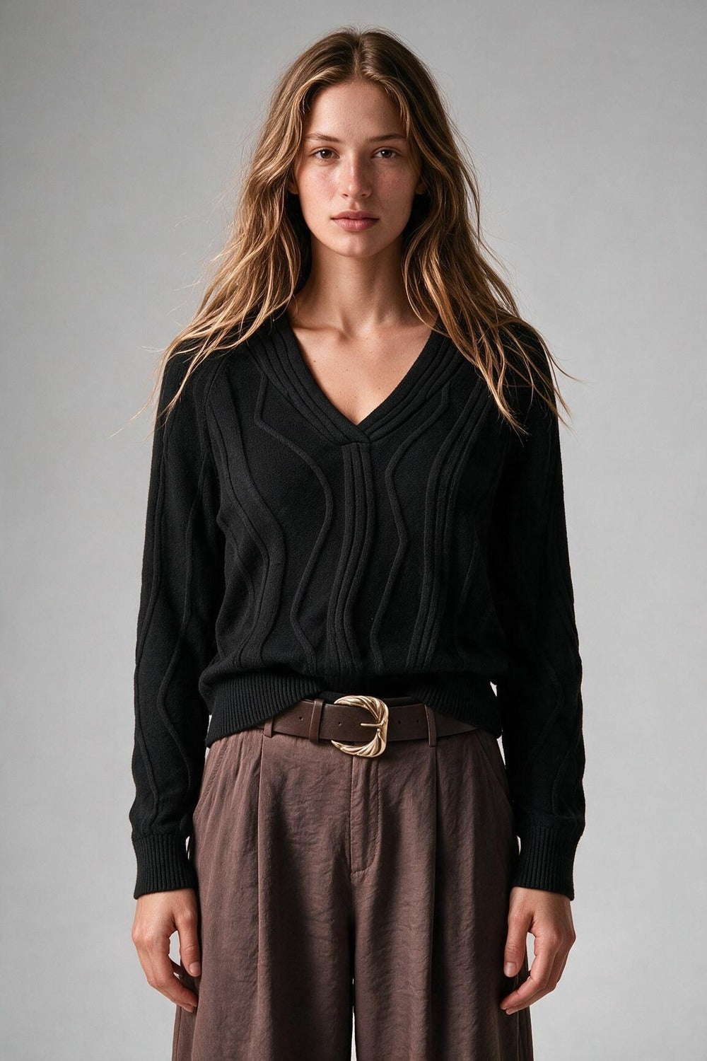 Textured Wave-Knit V-Neck Sweater in black - jumper
