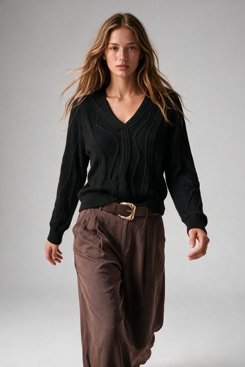 Textured Wave-Knit V-Neck Sweater in black - jumper