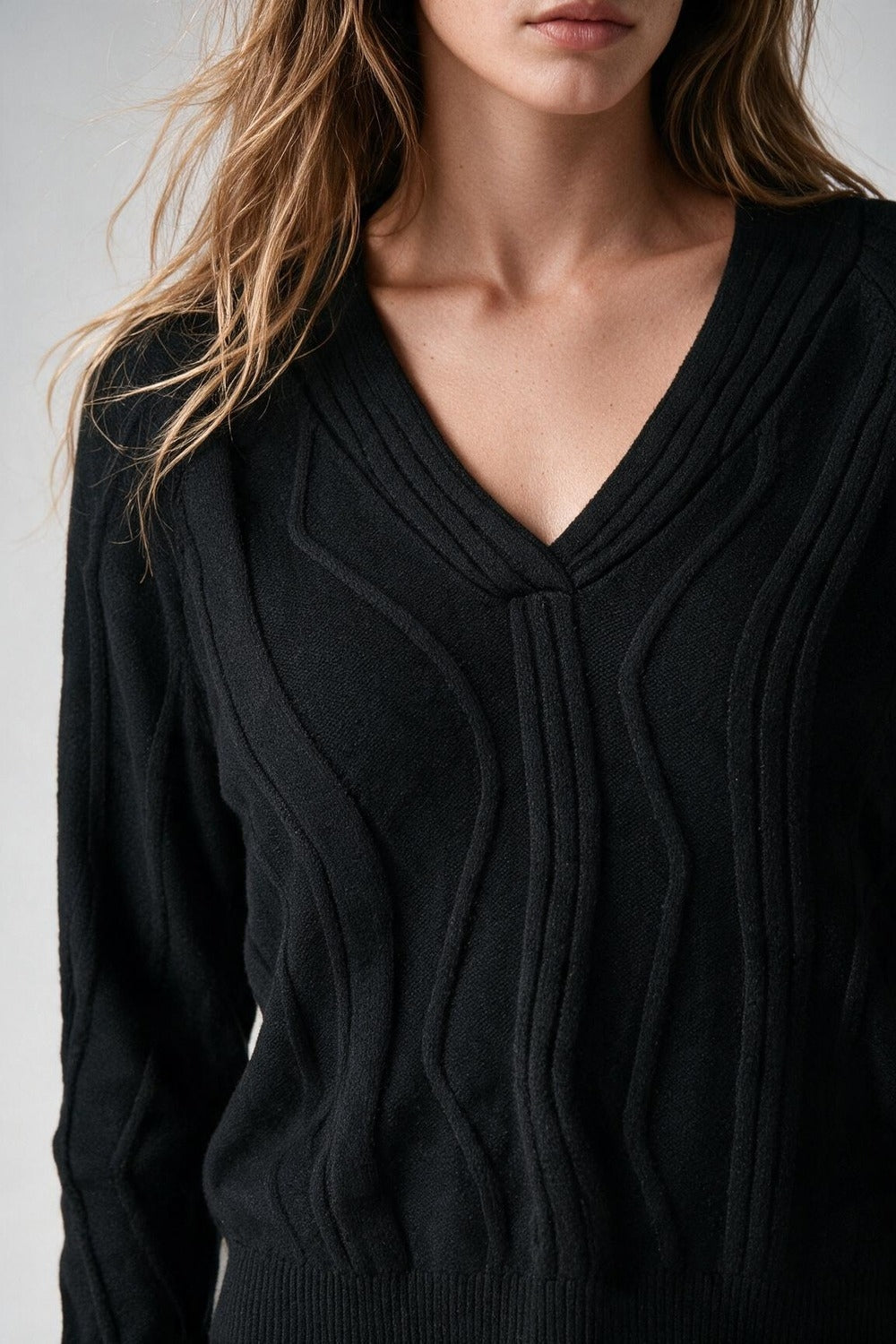 Textured Wave-Knit V-Neck Sweater in black - jumper