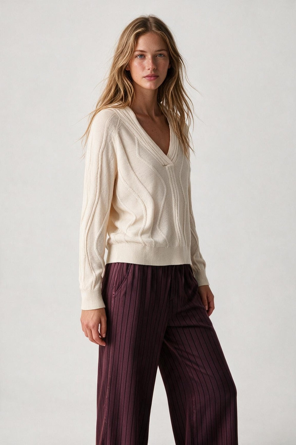 Textured Wave-Knit V-Neck Sweater in white - Jumpers