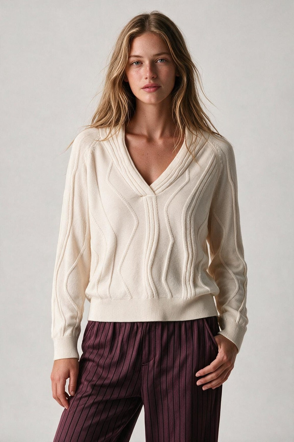 Textured Wave-Knit V-Neck Sweater in white - Jumpers