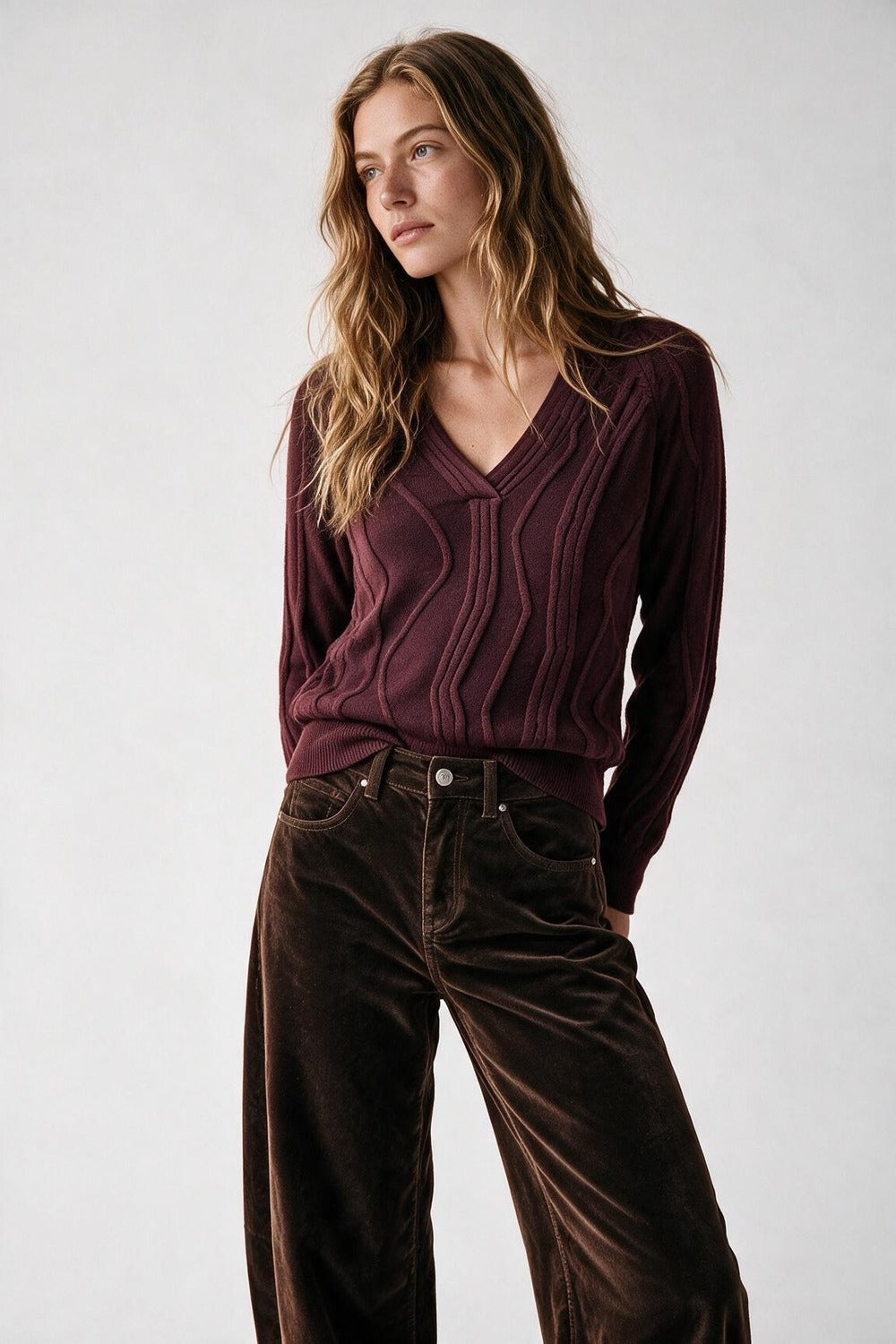 Textured Wave-Knit V-Neck Sweater in Burgundy - Jumpers