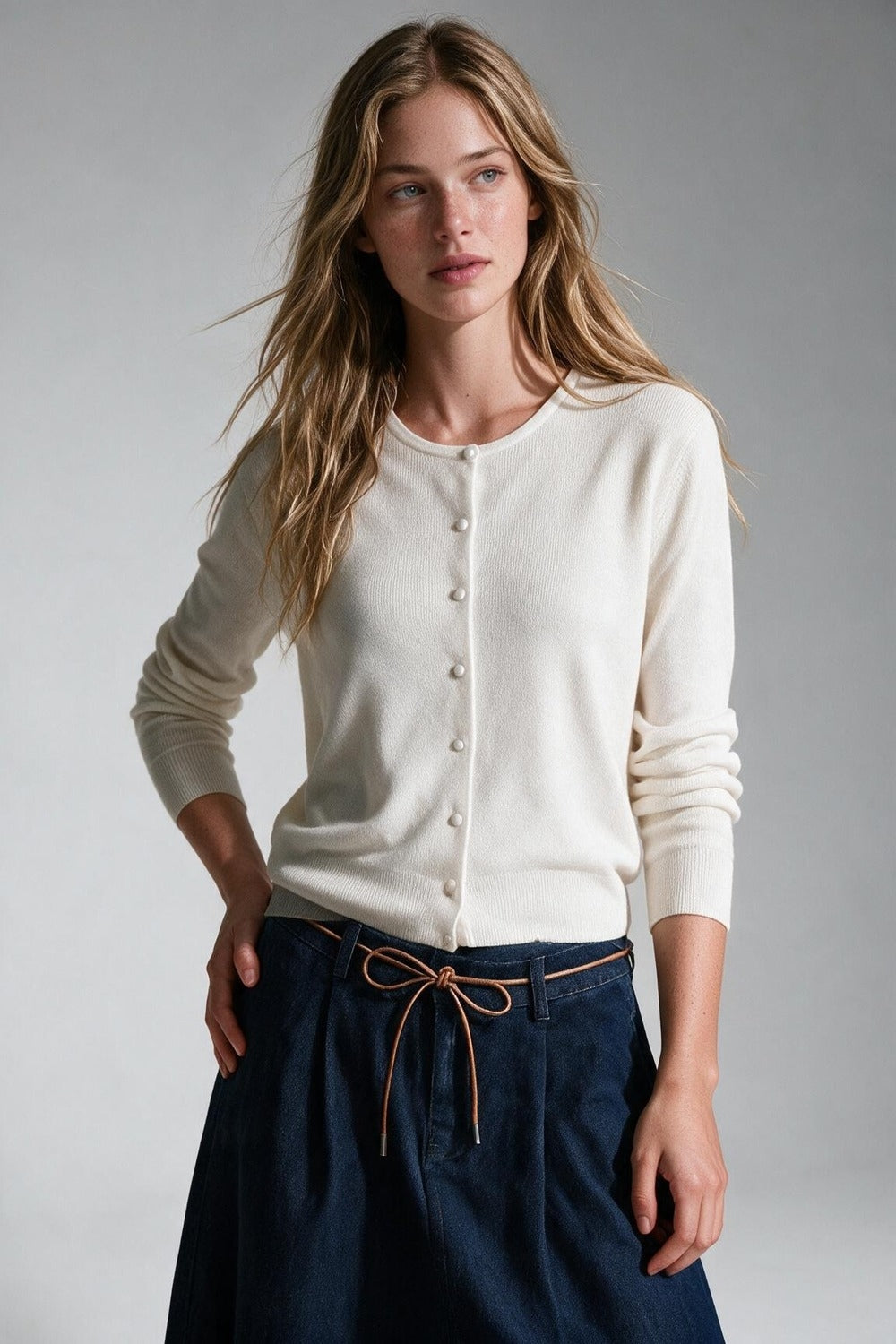 White soft Knit Crew Neck Cardigan with pearl buttons Front - Cardigans
