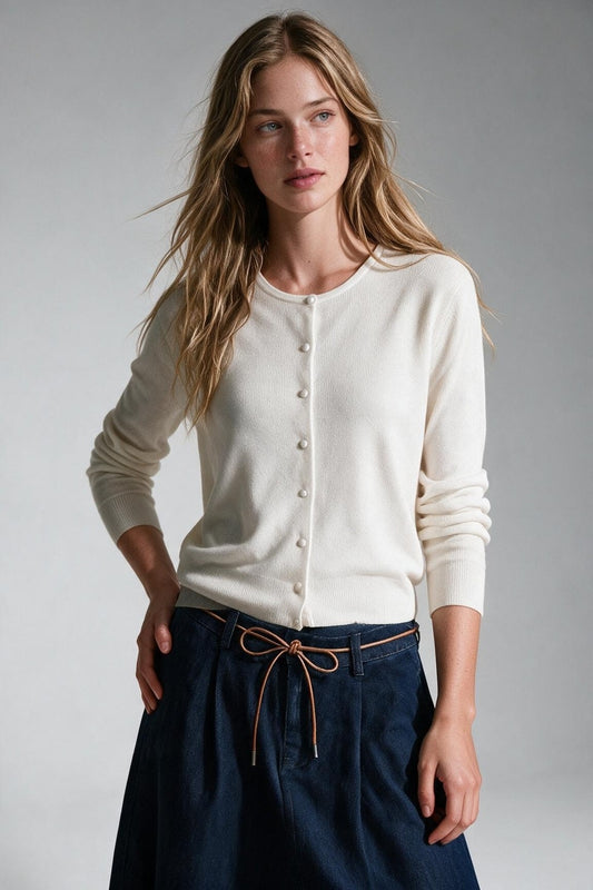 White soft Knit Crew Neck Cardigan with pearl buttons Front - Cardigans