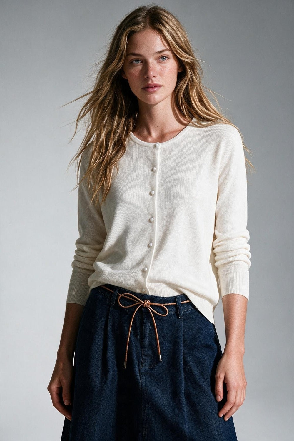 White soft Knit Crew Neck Cardigan with pearl buttons Front - Cardigans