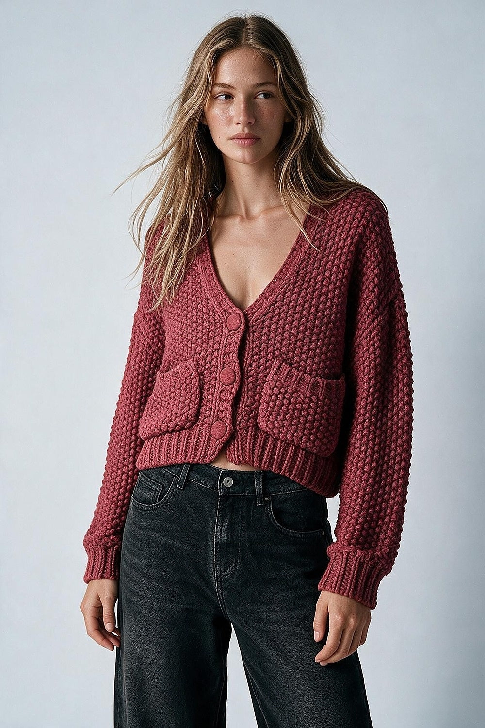burgundy Chunky Knit Textured Button Front Cardigan - Cardigans