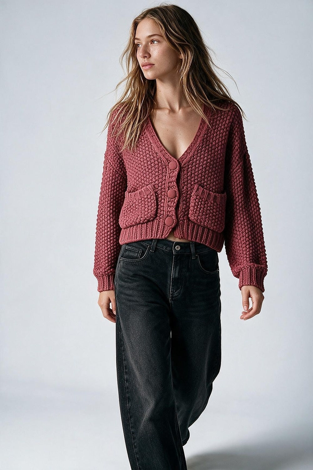 burgundy Chunky Knit Textured Button Front Cardigan - Cardigans