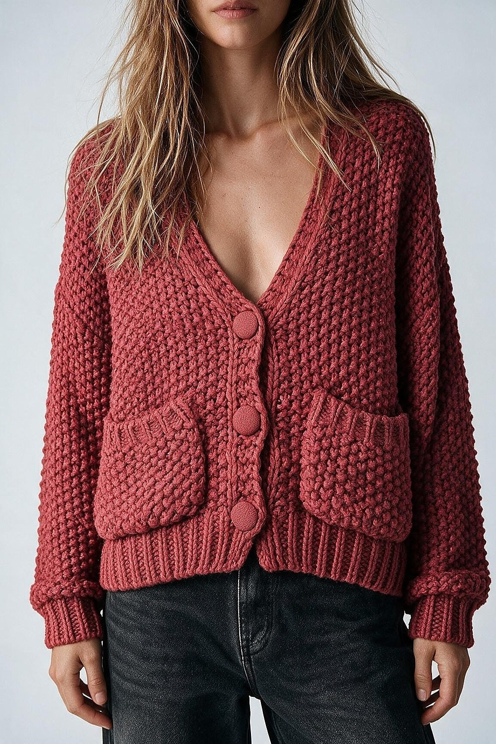 burgundy Chunky Knit Textured Button Front Cardigan - Cardigans