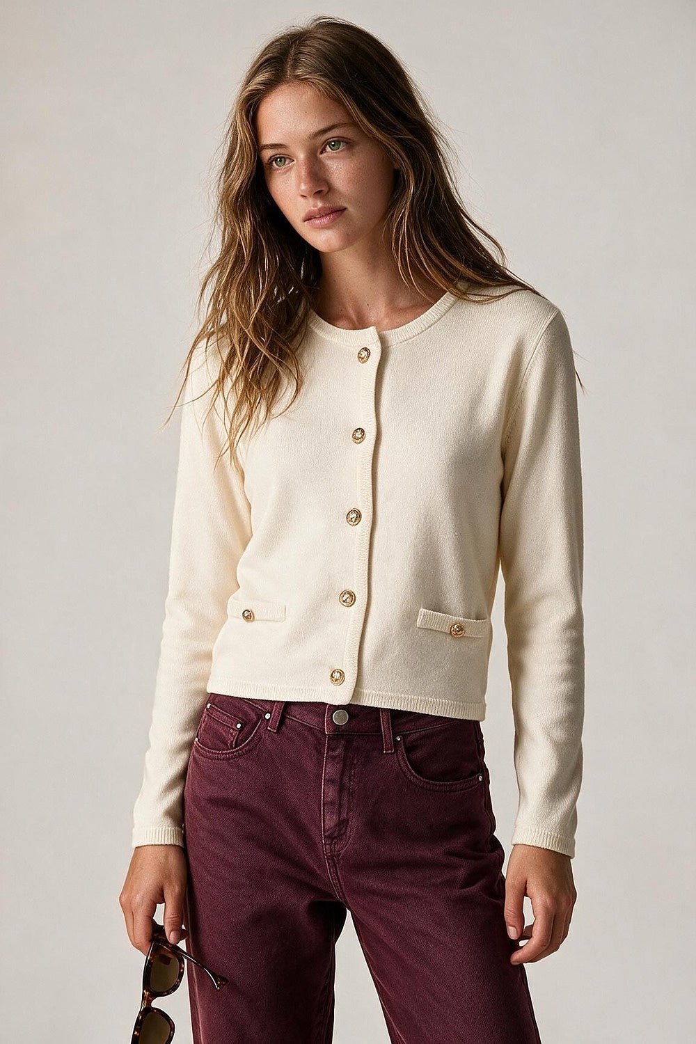 Cream Fine Knit Gold Button Crew Neck Cardigan Sweater - Cardigans